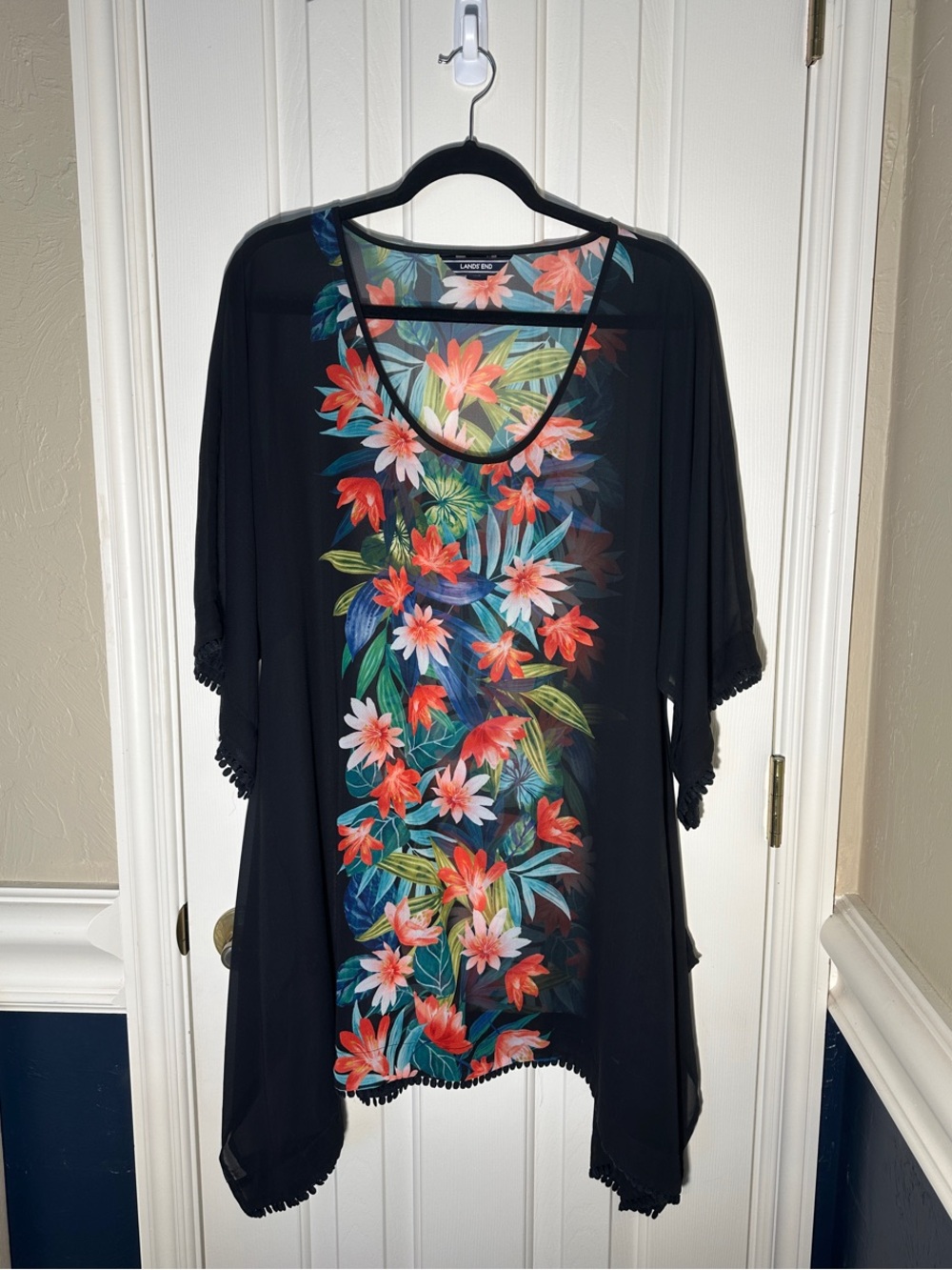 Lands' End Sheer Swimsuit Tunic Cover Black, Coral, Pink and Green Floral Size S
